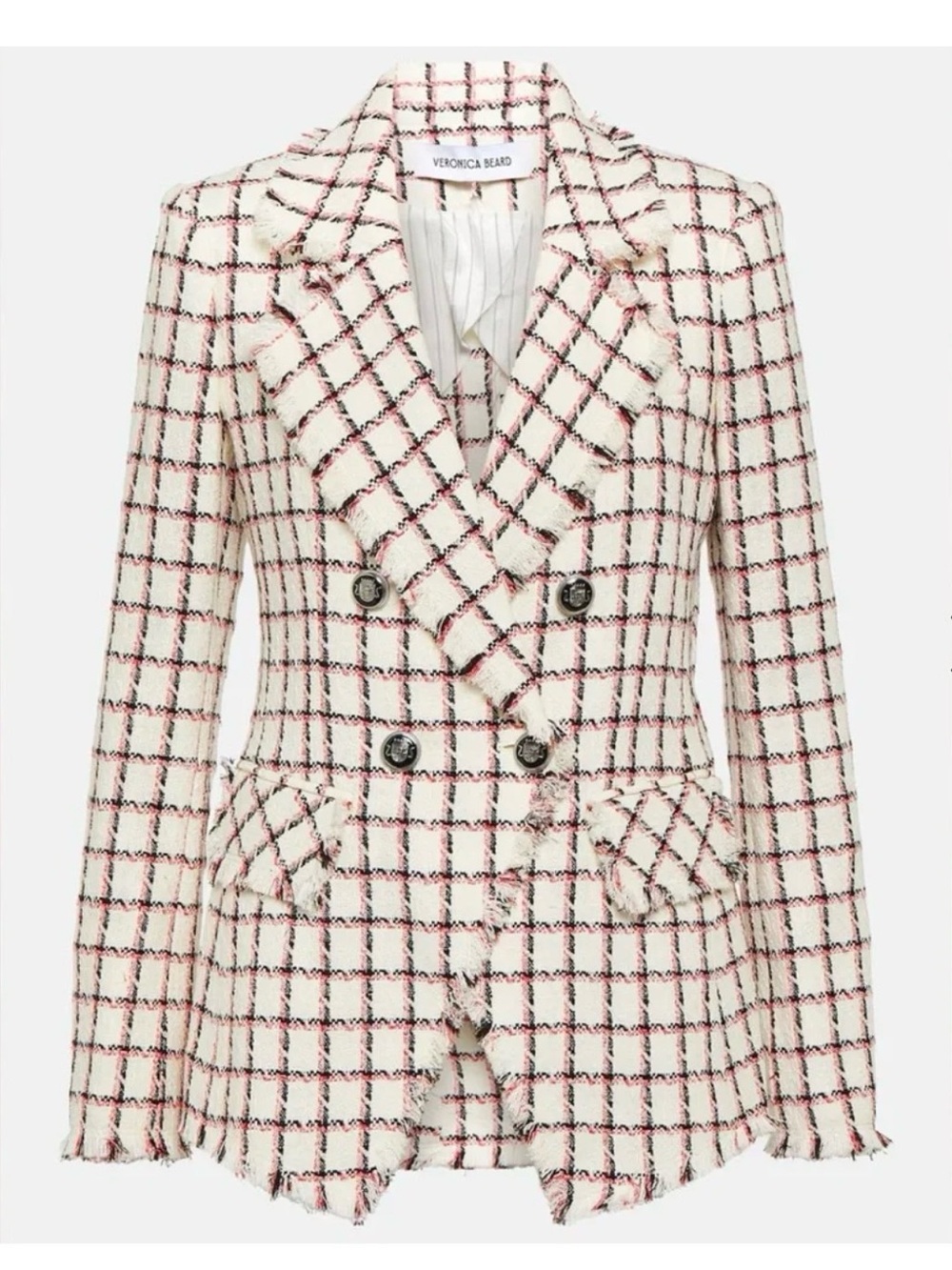 Veronica Beard Cream Windowpane Double-Breasted Tweed Blazer